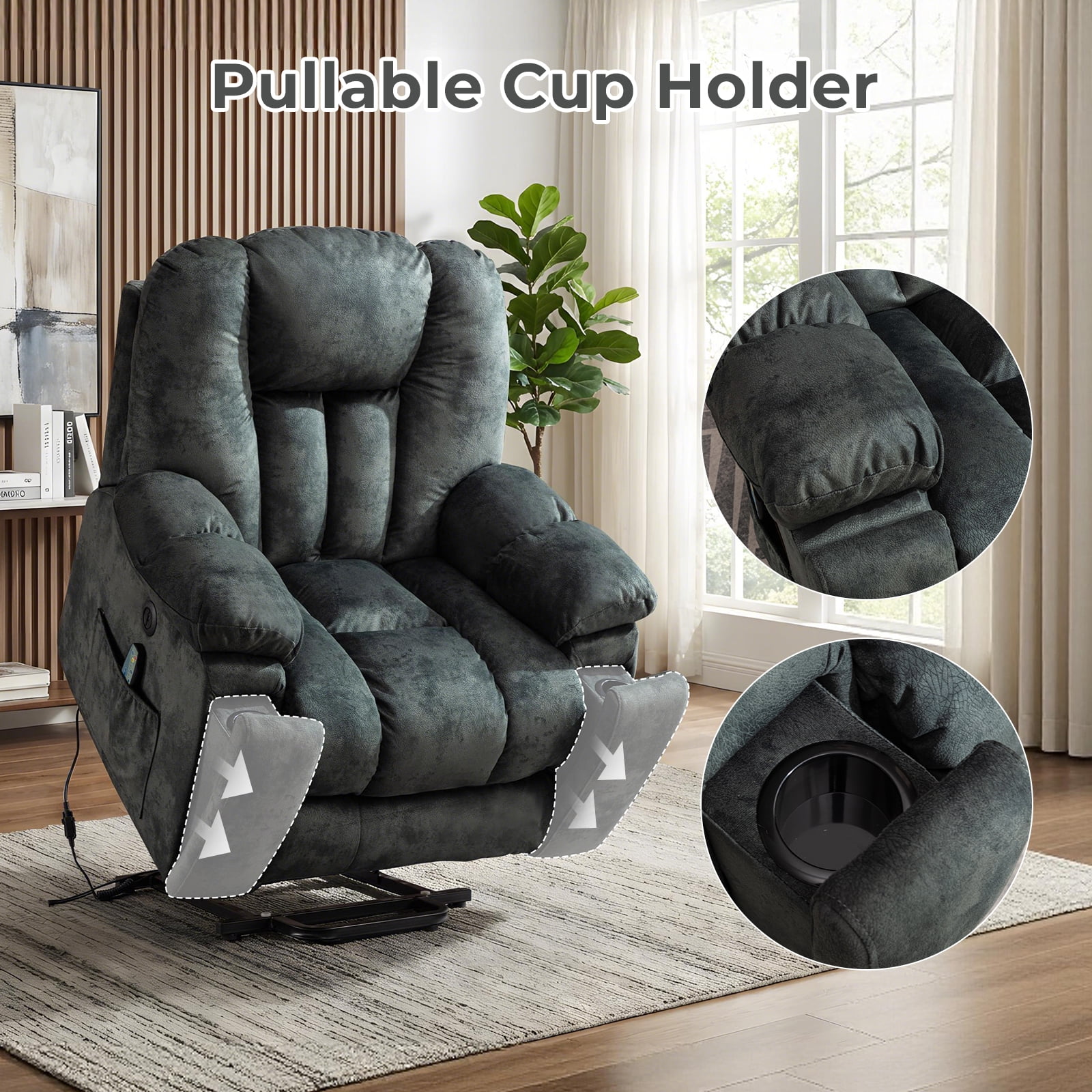 Ebello Large Power Lift Recliner Chair with Heat Massage, USB Ports - Ergonomic Recliner Chair for Elderly, Greenish Gray