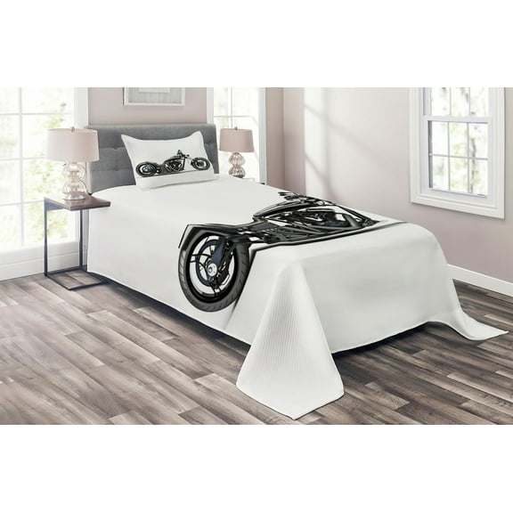Ambesonne Black Grey Quilted Coverlet 2 Pcs, Custom Motorcycle, Twin Size, Grey Black White