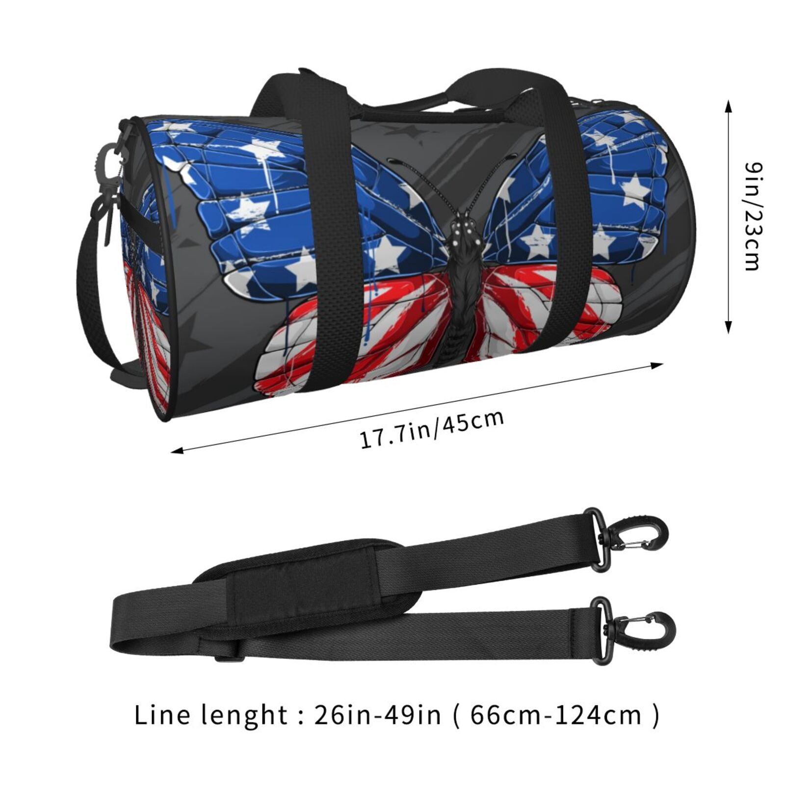 Vsdgher Butterfly With USA Flag 45L Foldable Duffel Bag, Sports Gym Bag,Overnight Bag, Portable Weekender Bag for Airplanes