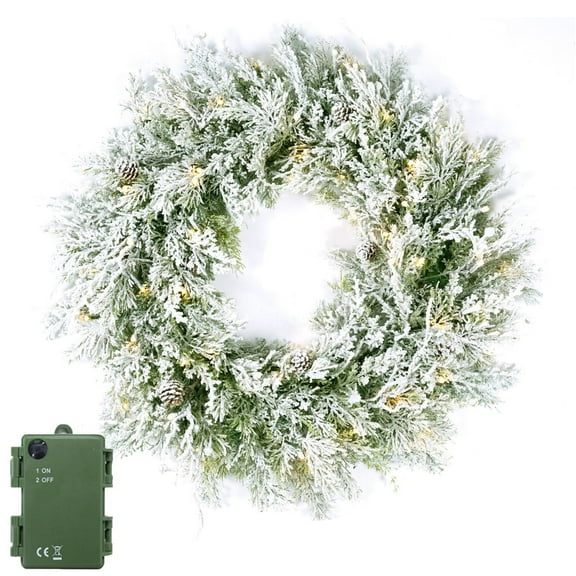 ASTRAEA 24 inch Snow Flocked Christmas Wreath, Battery Operated Pre-Lit Wreath with 50 Warm LED Lights for Indoor Outdoor Xmas Window Door Decor