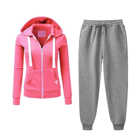 QUYUON Hoodies and Pants Set Women 2 Piece Outfits Long Sleeve Full Zip up Hooded Sweatshirt and Joggers Sweatpants Two Piece Sweatsuit Sets T-Pink L