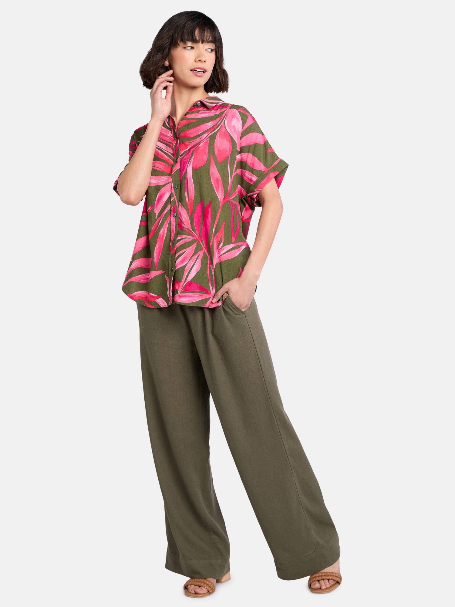 Time and Tru Women's Camp Shirt with Short Sleeves, Sizes XS-XXXL