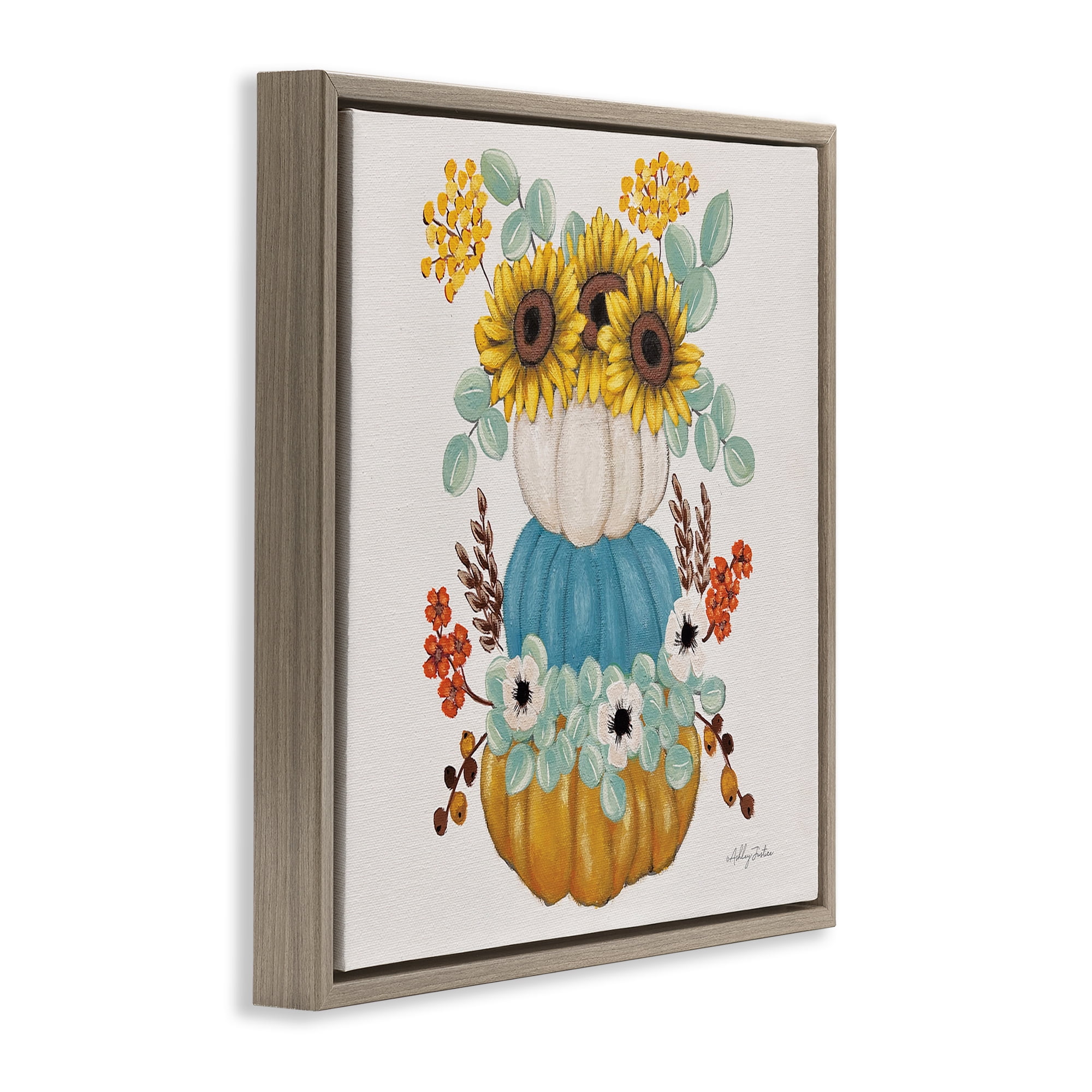 Stupell Industries Seasonal Flower & Pumpkins Botanical & Floral Painting Brown Floater Framed Canvas Art Print Wall Art, 18 x 18