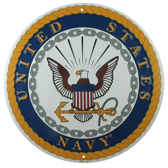 Tags America United States Navy Logo Metal Sign, 12 Inch Round Embossed Aluminum Emblem, US Military Service Branch Wall Decor