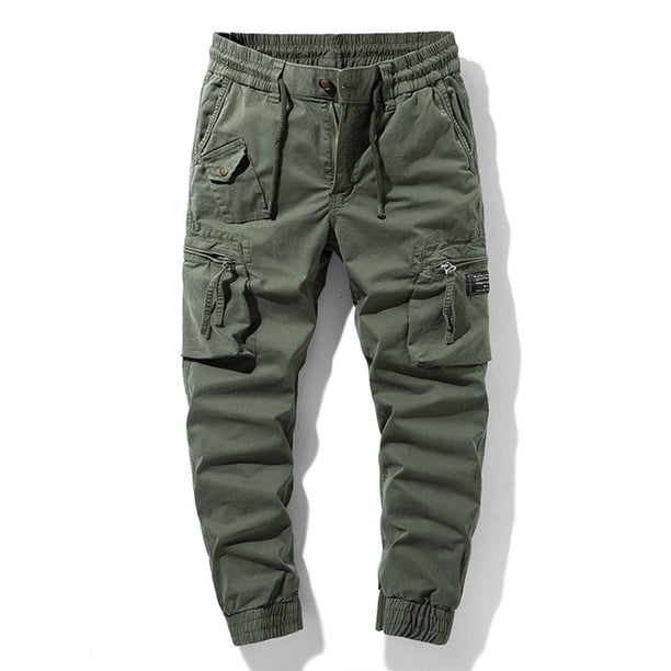 Puntoco Pantalones casuales largos para hombre Pantalones casuales de moda para hombre de color sólido con bolsillos con cremallera y cintura elástica largos