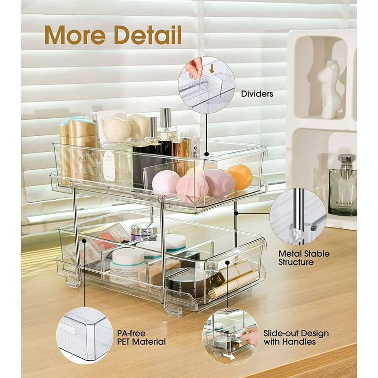 2 Tier Clear Bathroom Organizer with Removable Dividers Plastic