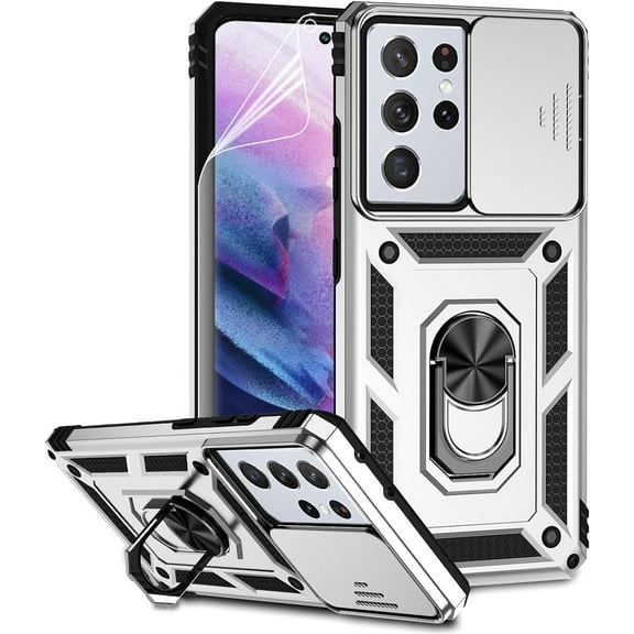 for Samsung Galaxy S21 Ultra Case with Camera Lens Cover HD Screen Protector,Military-Grade Drop Tested Magnetic Ring Holder Kickstand Protective Phone Case for Samsung Galaxy S21 Ultra 5G (Silver)