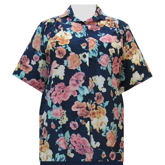 A Personal Touch Women's Plus Size Short Sleeve Button-Up Print Blouse with Pleats - Blue Painted Floral - 3X