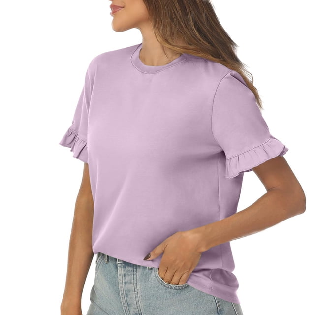 Plebaso Hauts Mignons pour Femmes, T-Shirts à Manches Courtes à Volants, Col Rond, Couleur Unie, Blouses d'Été Décontractées