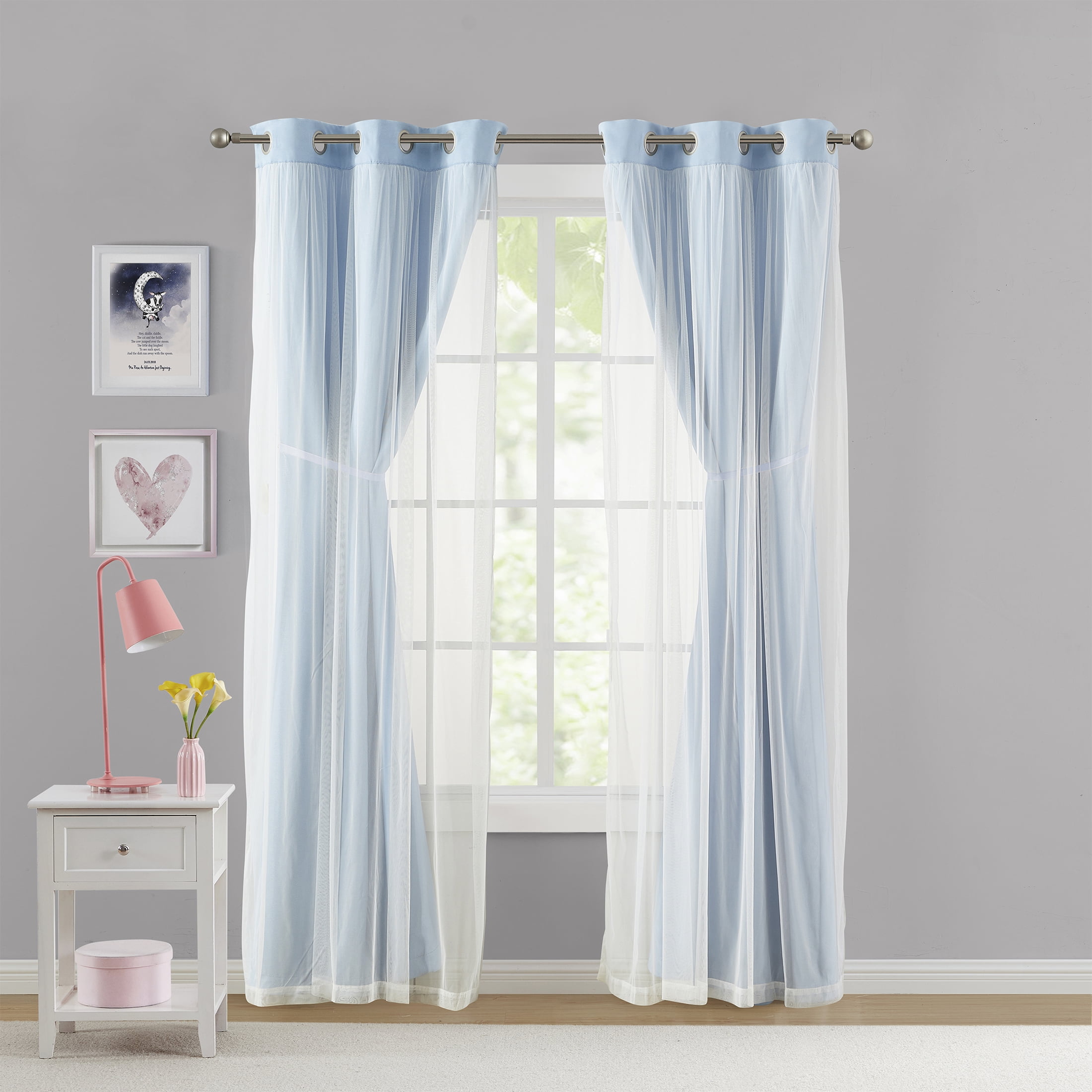 (2 pack) Your Zone Blackout Curtain Panel with Sheer Overlay, 1 Panel, Blue, 37" W x 84" L