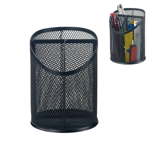 Round Mesh Pencil Holder for Desk, 3-Compartment Office Supplies Organizer, Black