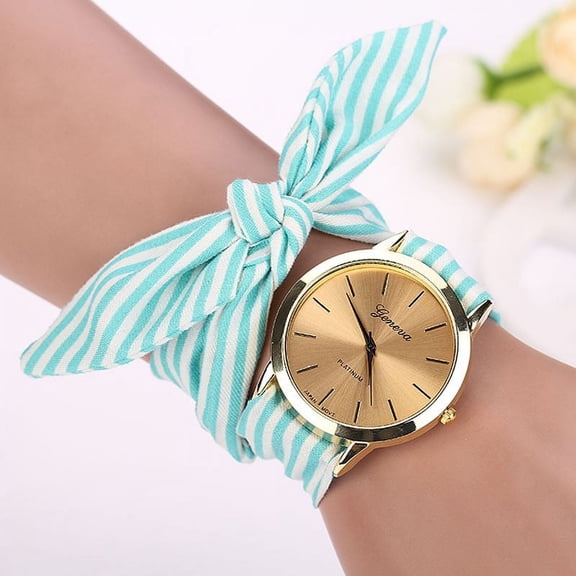 WWG Watches for Women Women Stripe Floral Cloth Quartz Dial Bracelet Wristwatch Watch Blue
