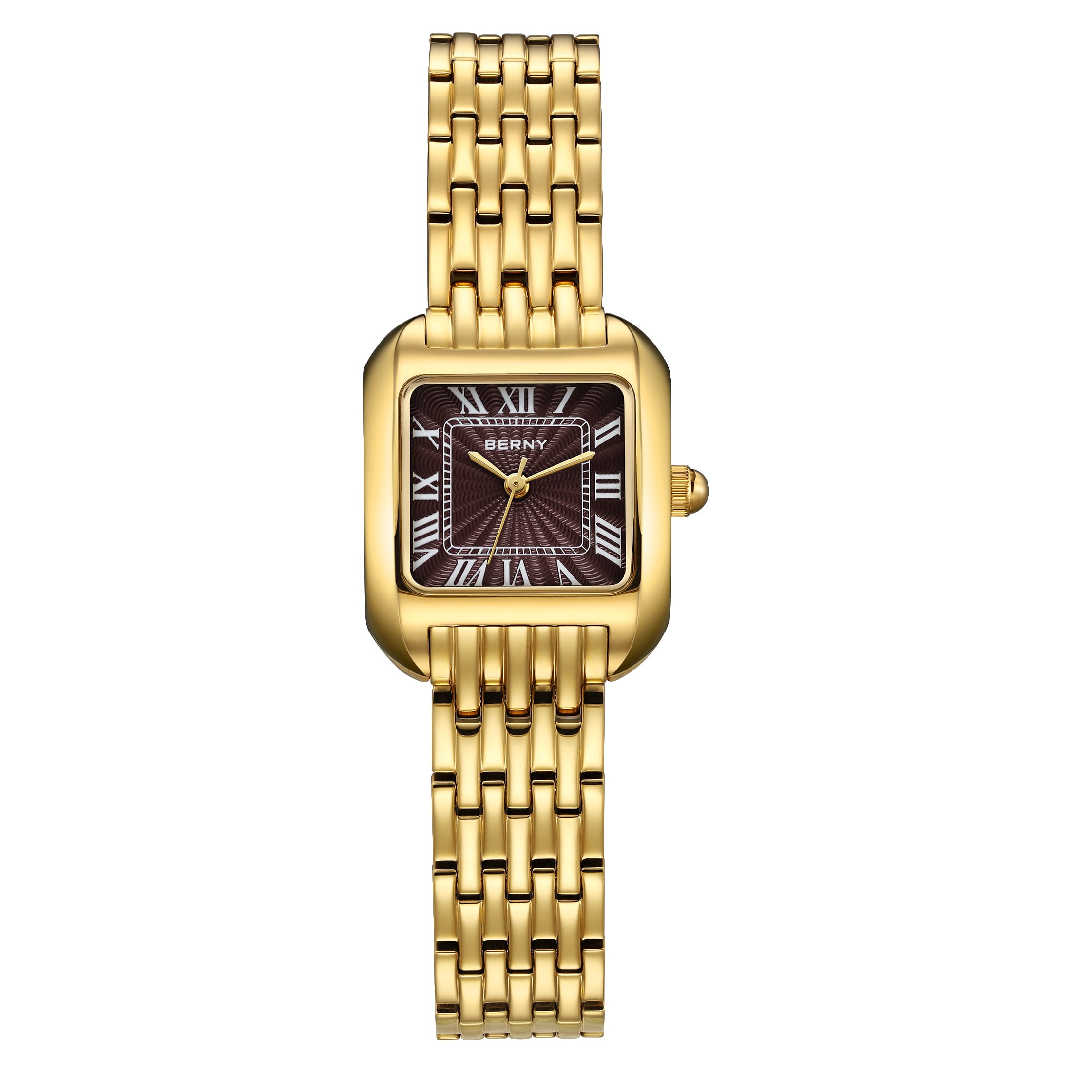 BERNY Gold Watches for Women, Square Dainty Ladies Analog Quartz Watch with Roman Numeral, Stainless Steel Bracelet Watch, Classic Waterproof Women Wristwatch Gift, Brown