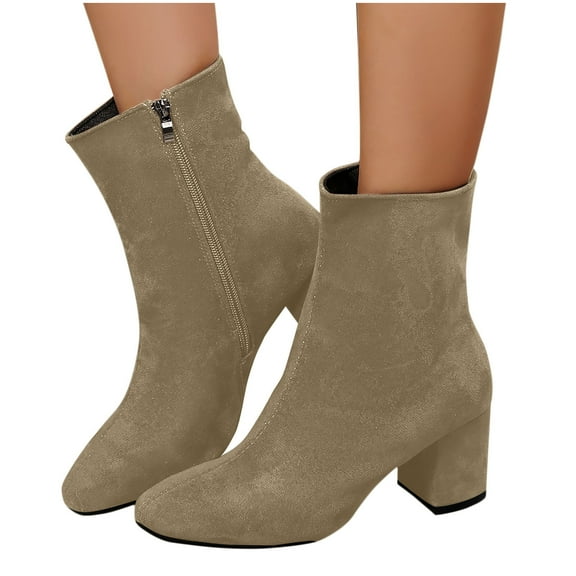 PiGOGI Women's Ankle Boots Pointed Toe Suede Block Heel Side Zipper Winter Boots for Women Khaki 41
