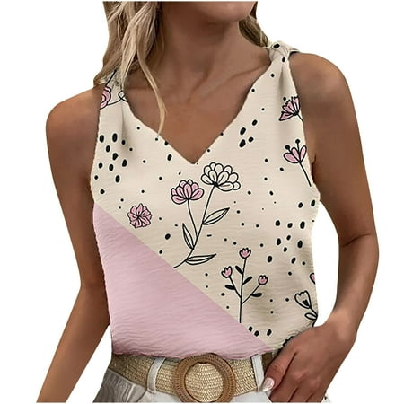 

SIMQOing Women s Beach Blouses Summer Sleeveless V Neck Tank Tops Loose Casual Floral Print Vest Tshirt