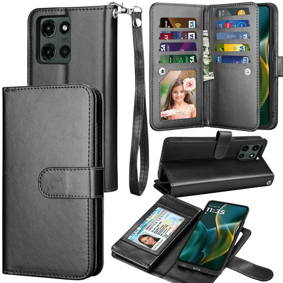 For Motorola Moto G 5G 2025 Wallet Case with Credit Card Holder for Women Men, Flip PU Leather Wallet Phone Case for Moto G 5G 2025, Tekcoo Detachable Magnetic Kickstand Cover with Wrist Strap, Black