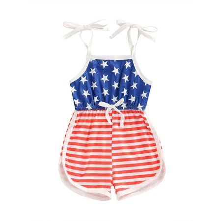 

Douhoow 0-3Years Kids Independence Day Playsuit Baby Girl Tie-up Star Print Spaghetti Strap Romper