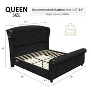VanAcc Queen Size Platform Bed Frame, Velvet Upholstered Sleigh Bed Frame with Scroll Wingback Headboard & Footboard/Button Tufted/Easy Assembly/Black