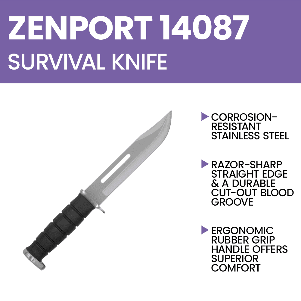 Zenport 14087 Survival/Hunting Bowie Knife with Sheath, 7 Inch Stainless Steel Blade, Black - 3 Pack