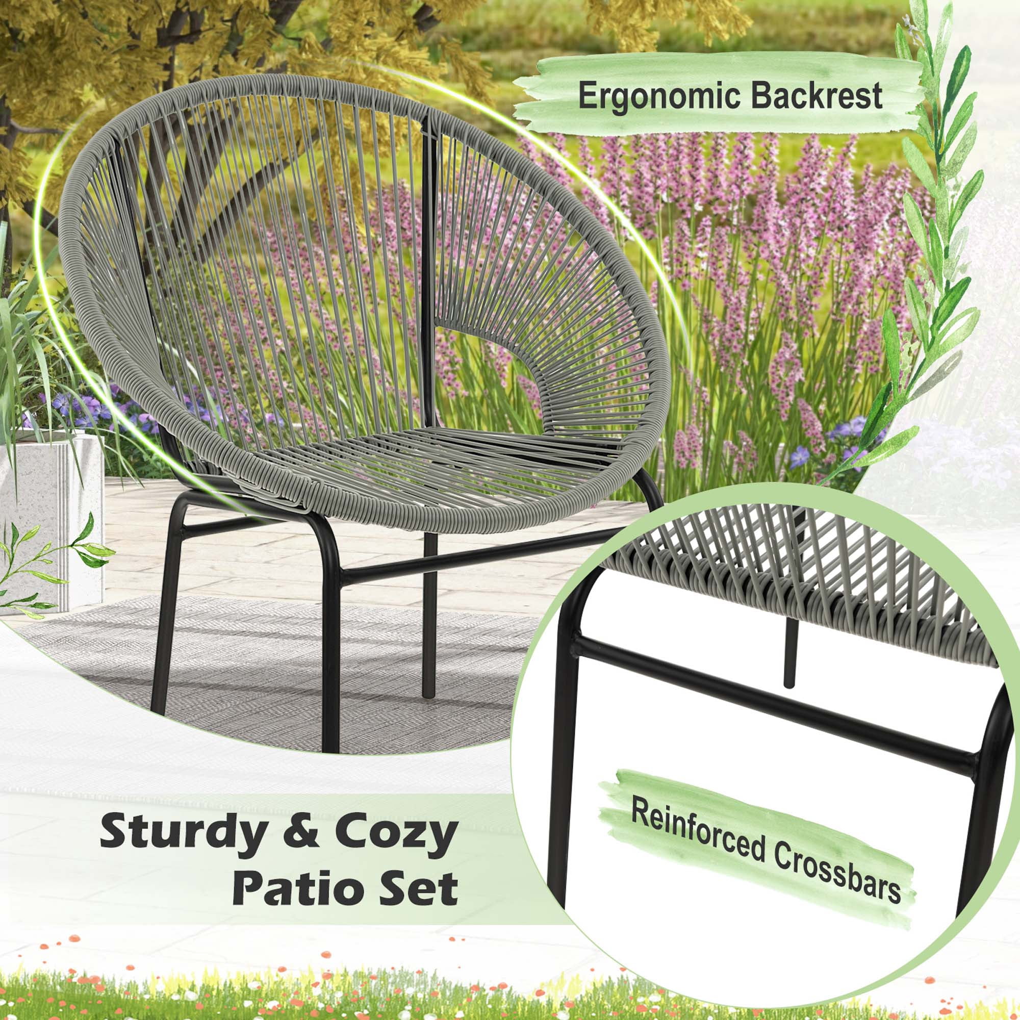 Costway 3PCS Patio Acapulco Furniture Bistro Set Plastic Rope Glass Table Grey