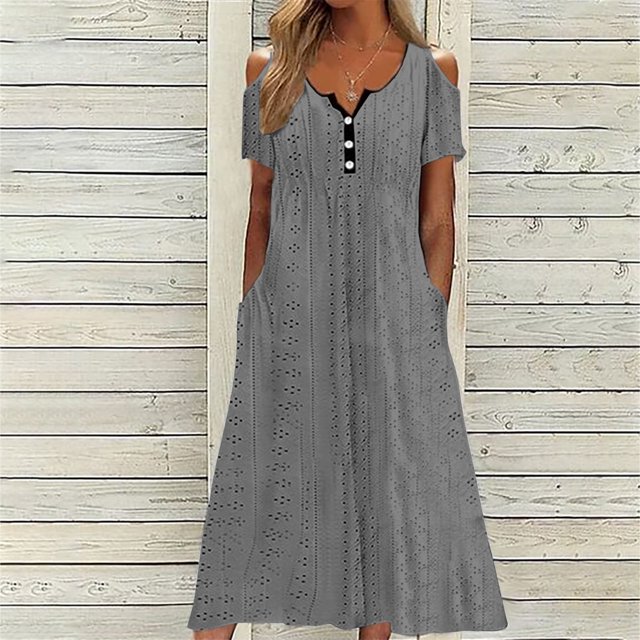 LOVZFMLL Robe d'Été pour Femmes Mode Couleur Unie avec Boutons, Poches, Manches Courtes, Col Rond Gris 2TG