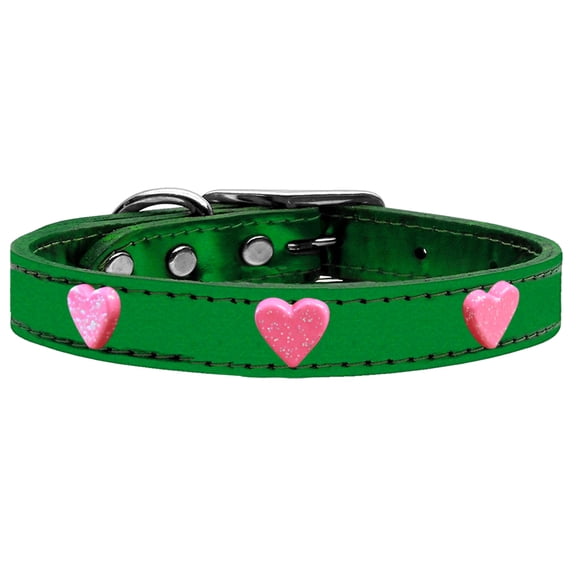 Pink Glitter Heart Widget Genuine Metallic Leather Dog Collar Emerald Green
