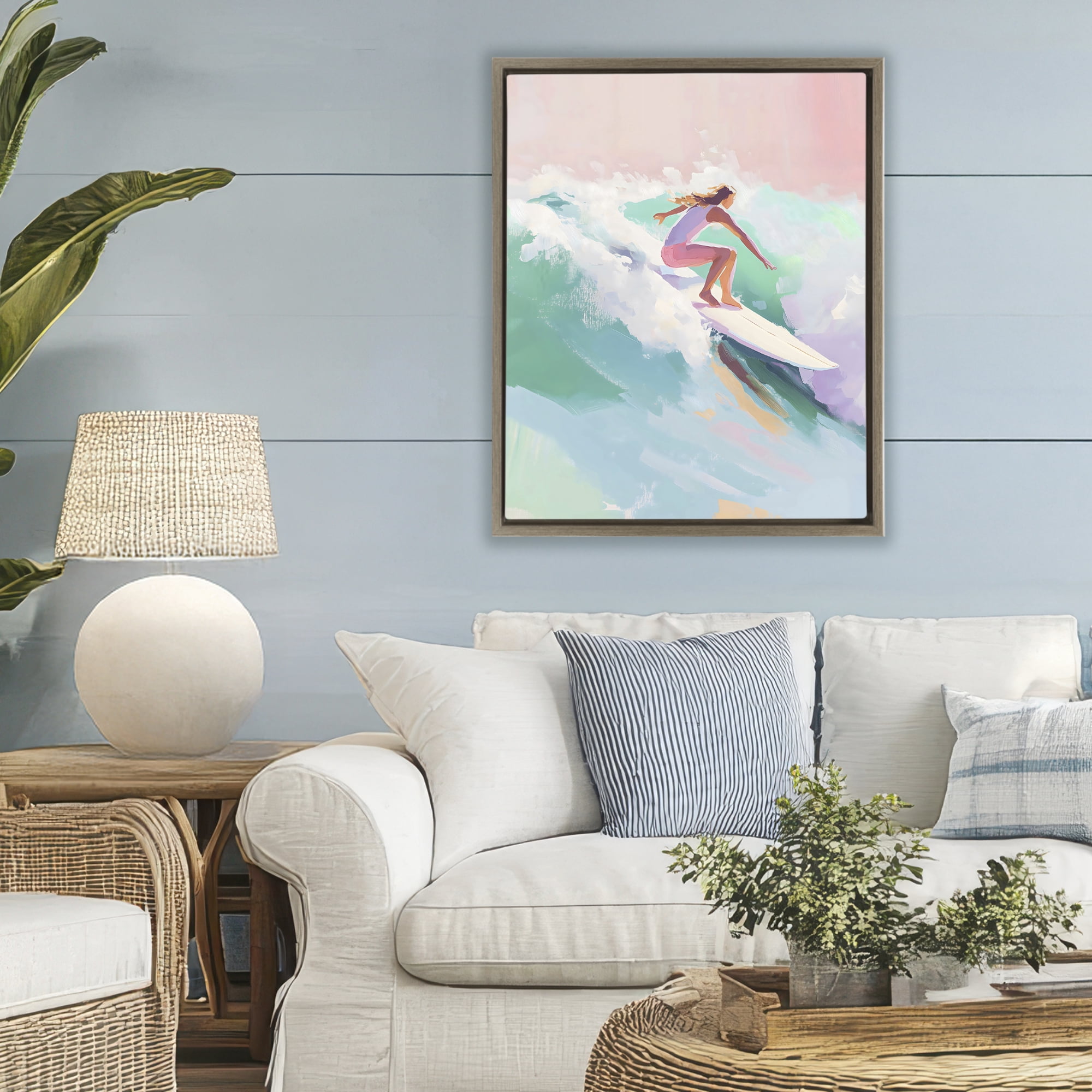 Stupell Industries Surfer Girl Riding Waves Brown Framed Floater Canvas Wall Art, design by The Prints Vibe