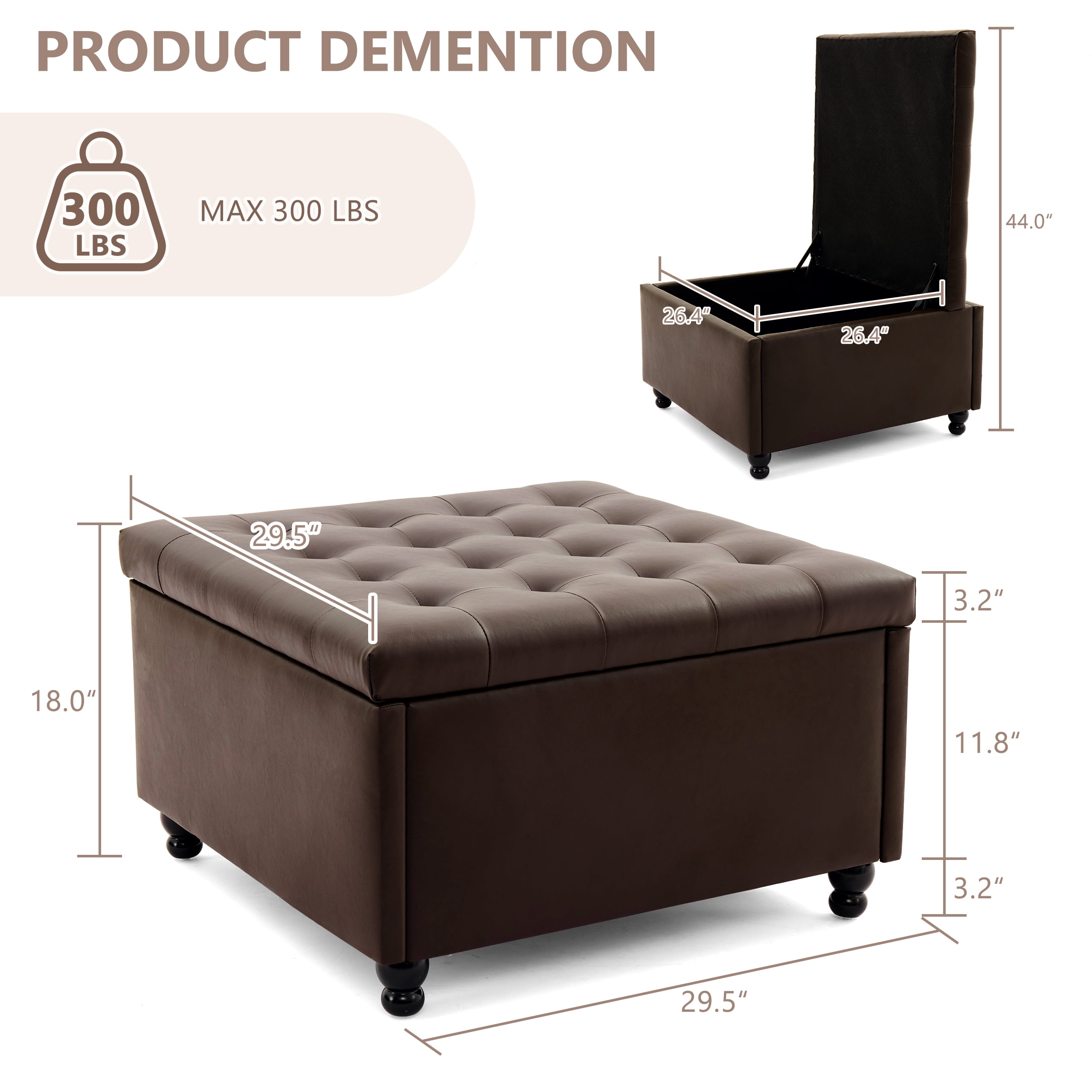 Weture Oversized Square Storage Ottoman Coffee Table, Tufted Upholstered, Leather, 29.5 Inch, Brown