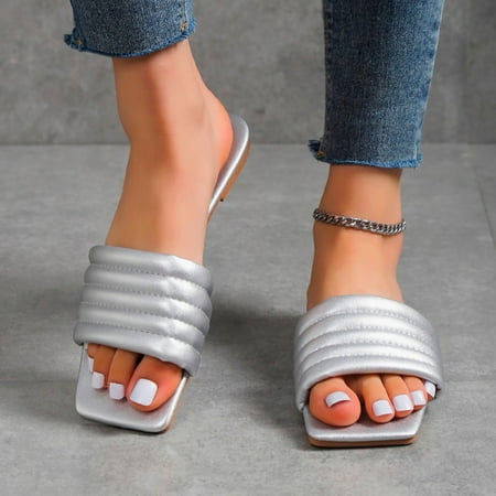 

KaLI_store Travel Slippers For Women Women s Square Open Toe Heeled Sandals Two Strap Mules Slip On Block Mid Heels Sandals Silver Side 7