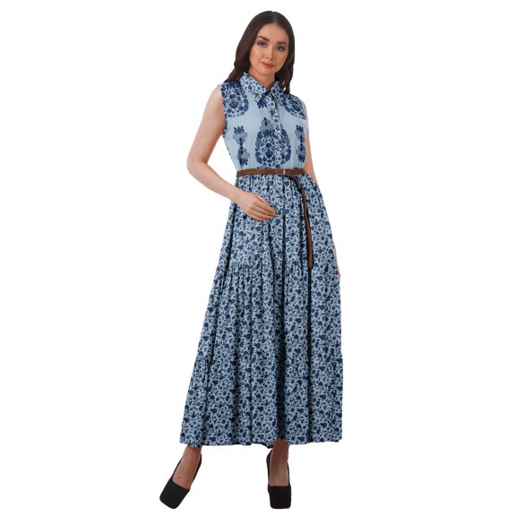 Moomaya Printed Long Sundresses Women Rayon Sleeveless Summer Dress