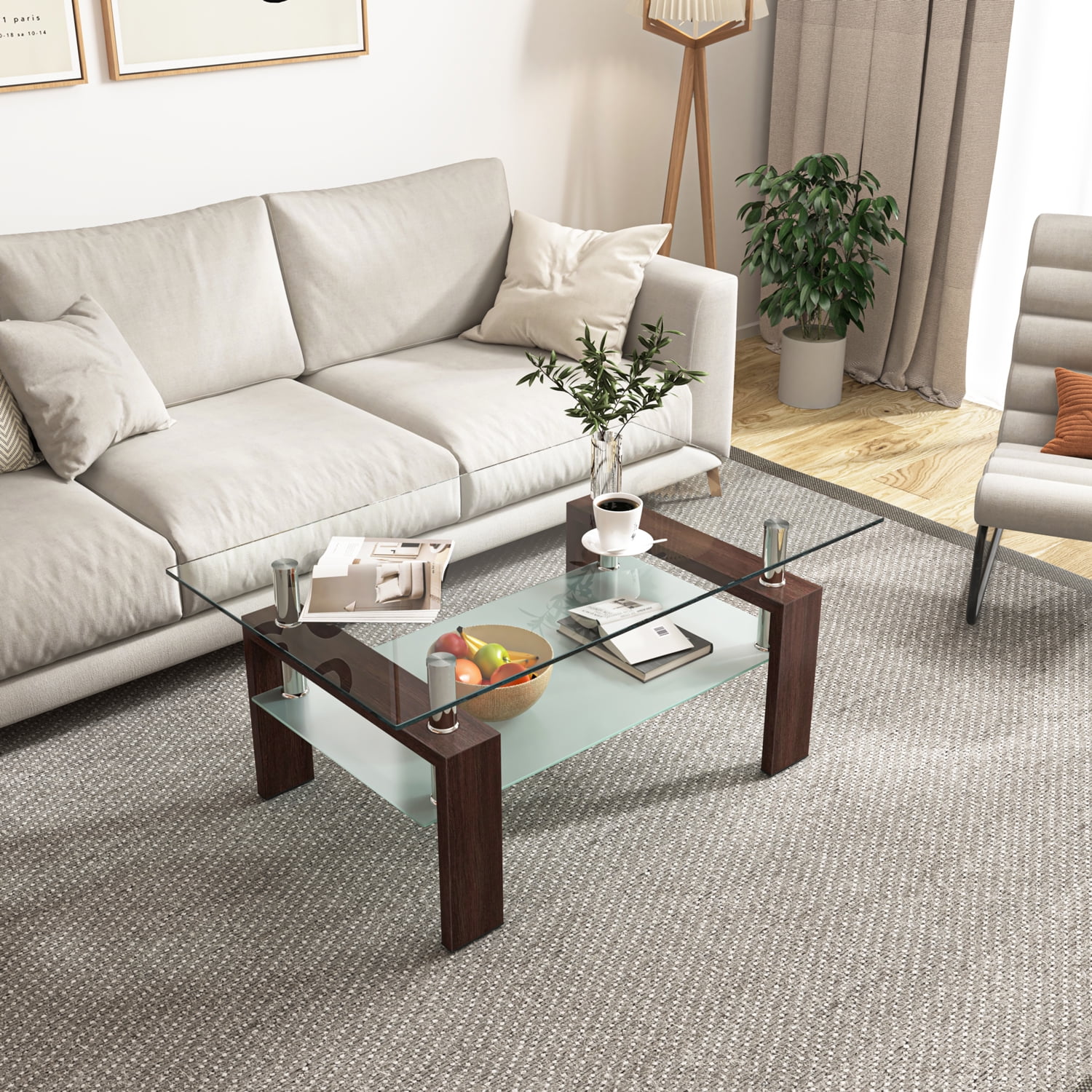 Yardi Yard Modern Tempered Glass Top Coffee Table with Storage Shelf, Clear Rectangle Center Table Sofa Table with Wood Legs for Living Room Home Furniture Walnut Yardi Yard Modern Tempered Glass Top Coffee Table with Storage Shelf, Clear Rectangle Center Table Sofa Table with Wood Legs for Living Room Home Furniture Walnut