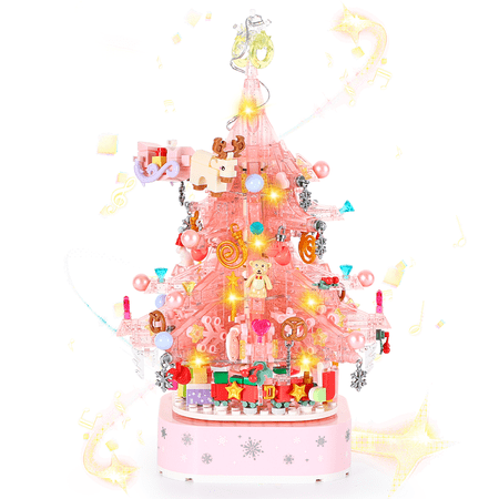 Christmas Tree Building Set, Pink Crystal Christmas Building Bricks with LED Lights, Compatible with Lego Christmas Tree, Xmas Tree Toys for Boys Girls and Adults