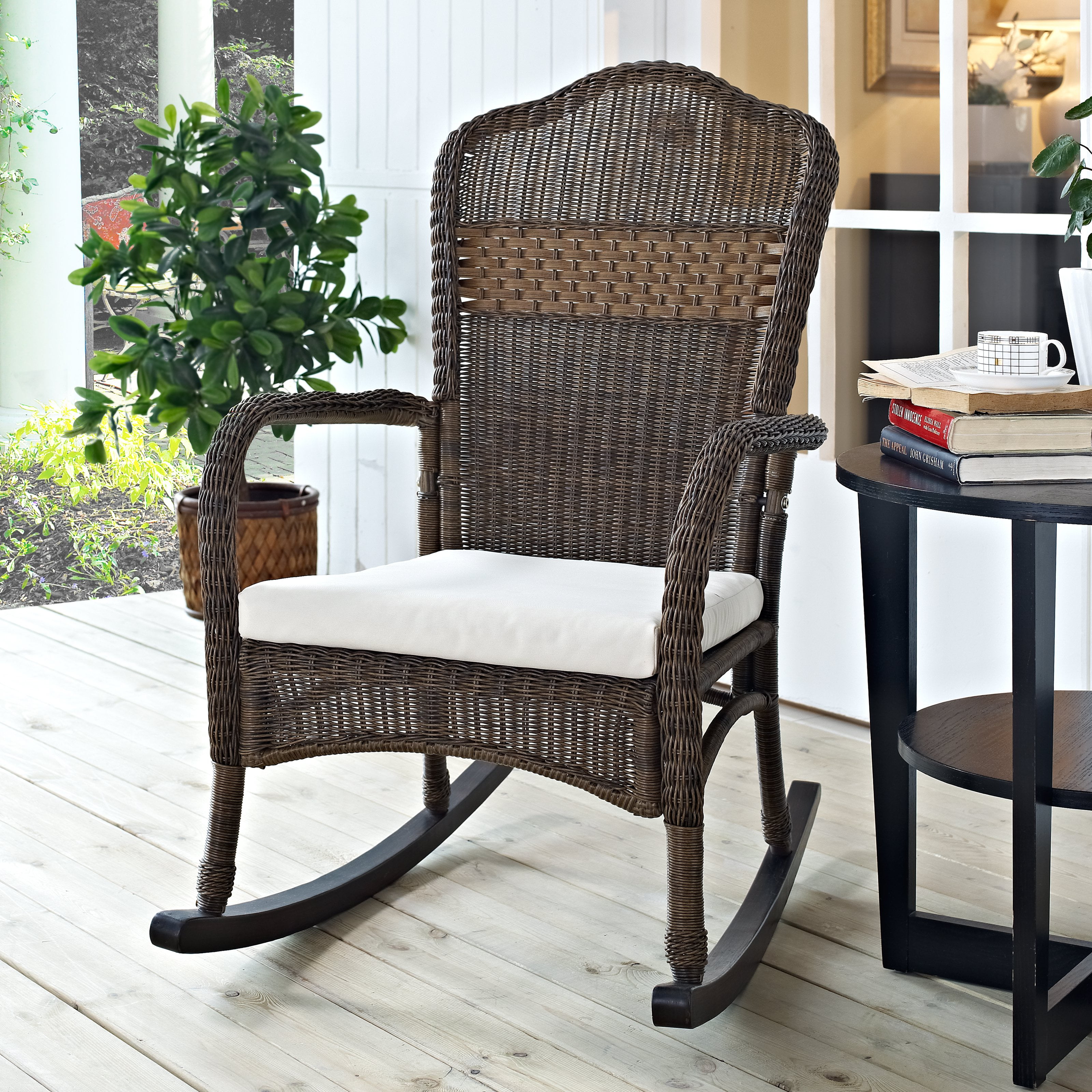 Coral Coast Mocha Resin Wicker Rocking Chair with Beige Cushion by