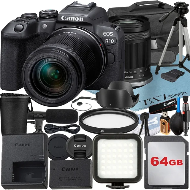 Canon EOS R10 Mirrorless Camera with RF-S 18-150mm Lens + 64GB Memory Card + Case + LED Flash + ZeeTech Accessory Bundle