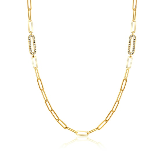 Forever Facets CZ Paperclip Necklace Hand Set in 18K Gold Over Sterling Silver, 32"   2" Extension