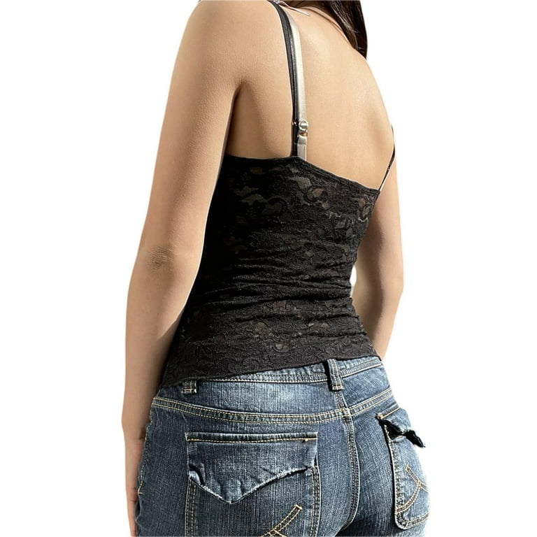 Women Vintage Black Lace Strap Camisole Sexy V Neck Bow Slim Fit