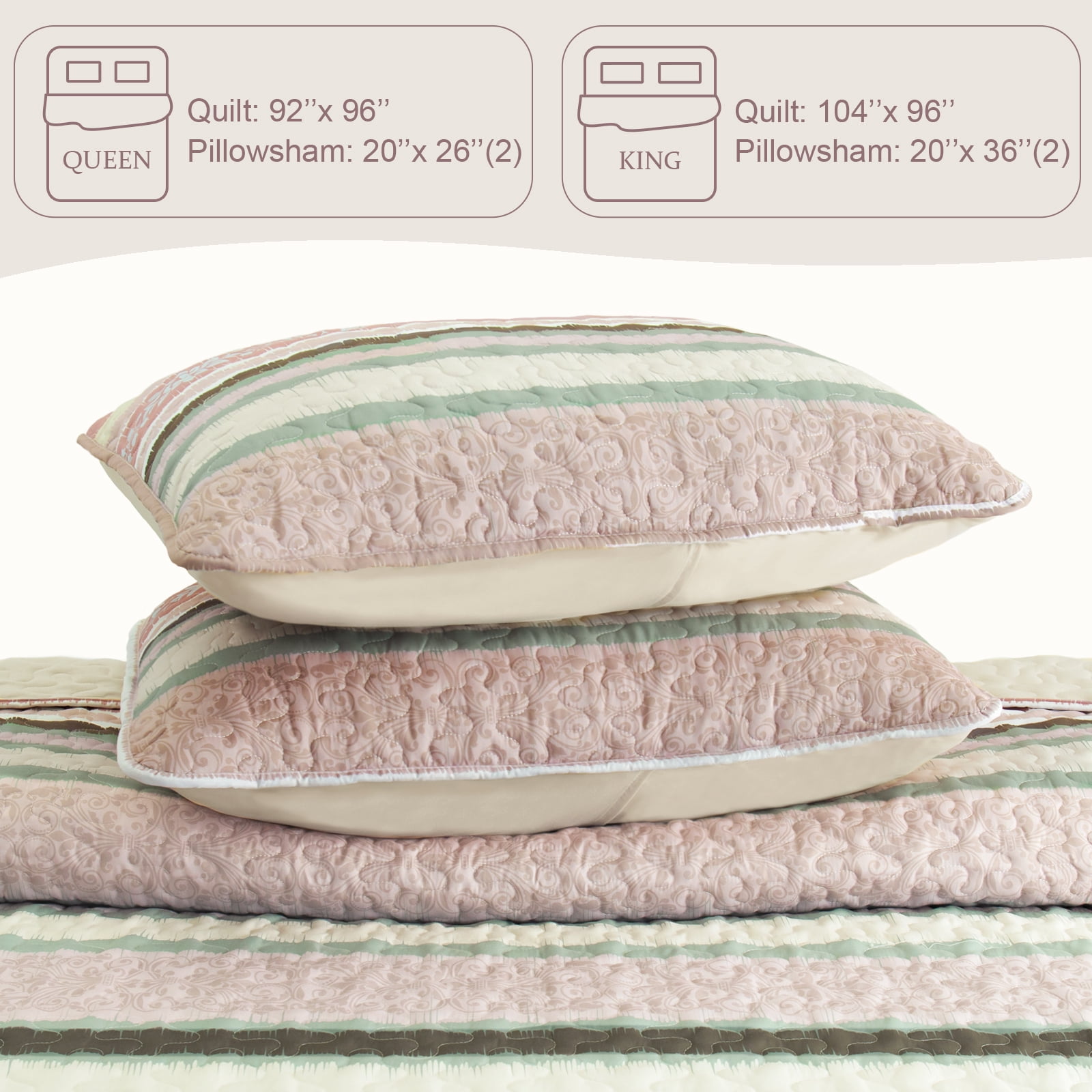 Exclusivo Mezcla Reversible Boho Quilt Set Queen Size, 3 Pieces Bohemian Striped Pink All Season Bedspreads, Ultra Soft Floral Coverlet Bedding Set with Printed Pattern (1 Quilt, 2 Pillow Shams)