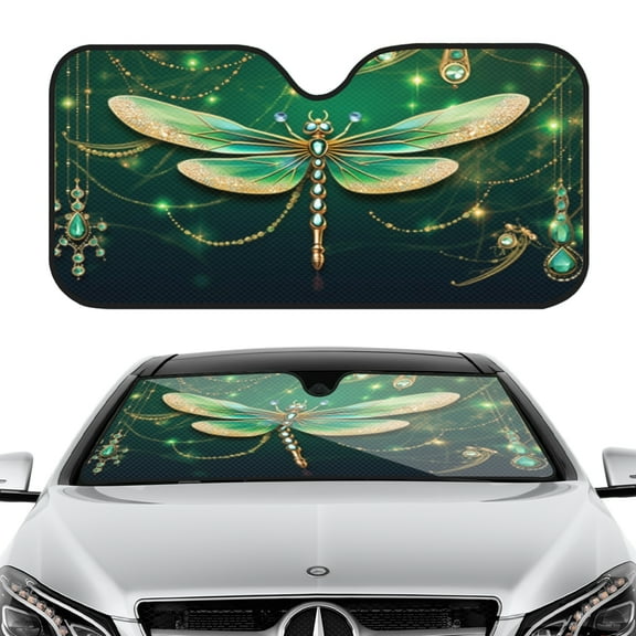 Front Windshield Sun Shade for Car & SUV, 55x30in UV Blocker, Foldable Sun Visor Protector for Hot WeatherDragonfly with Emerald Wings and Golden Accents