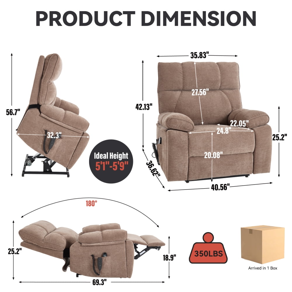 Brown Power Lift Recliner with Heat Massage, 350LBS Heavy Duty, Infinite Positions & Hidden Cup Holders Included