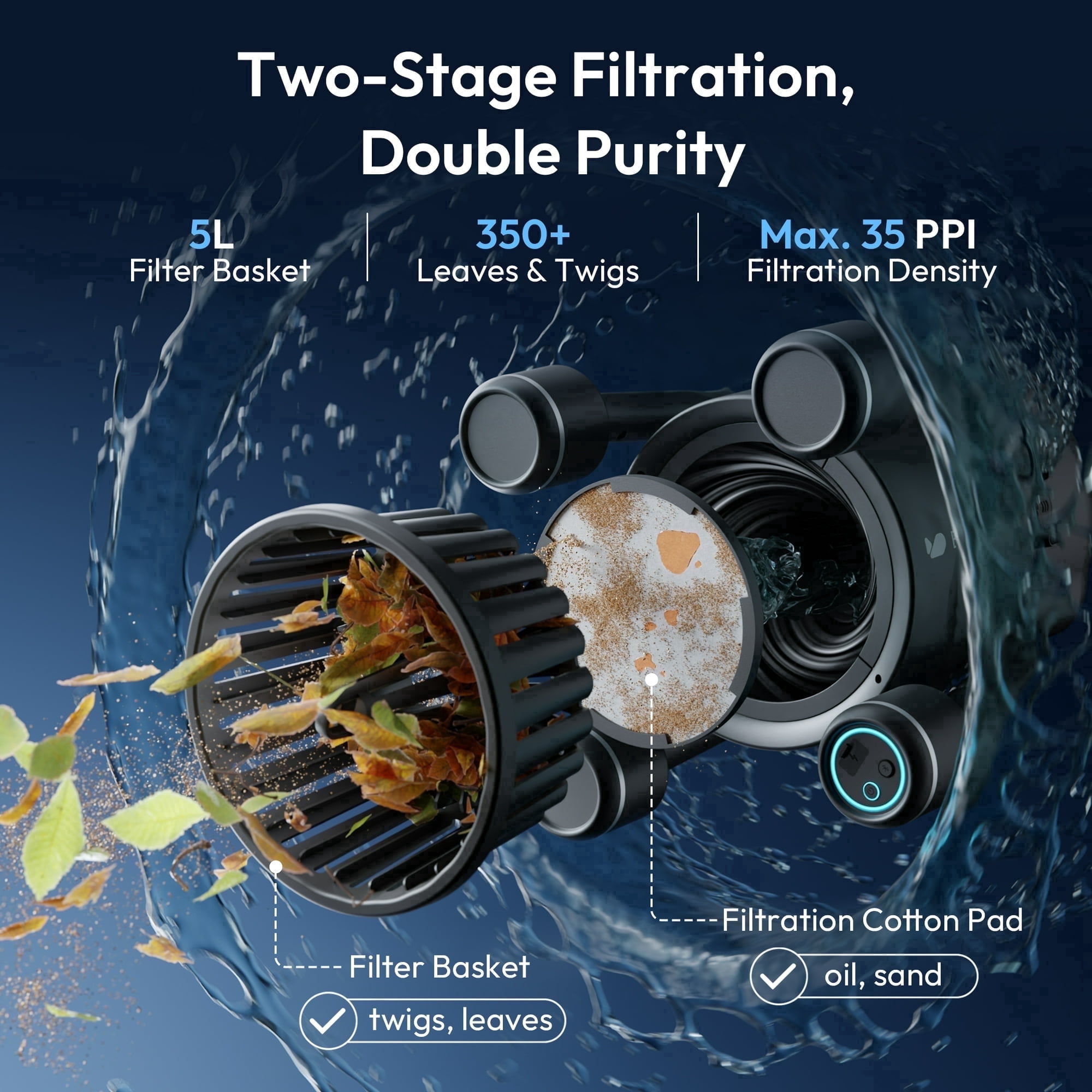 BuVortex V5 Robotic Surface Skimmer, Pool Cleaner with Powerful Suction, Dual Motor, 5L Filter, Dual Cleaning Modes, Smart App Control, One-Tap Docking, LED, AI Navigation