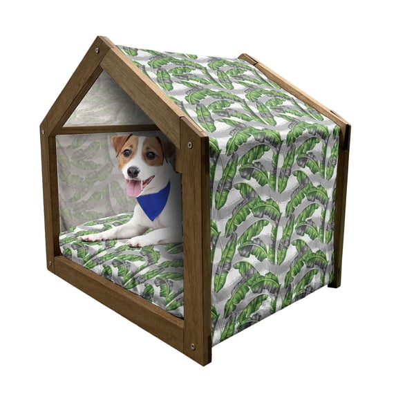 Banana Leaf Pet House, Banana Leaves Color Digital Paintbrush Effect Exotic Boho Design, Outdoor & Indoor Portable Dog Kennel with Pillow and Cover, 5 Sizes, Pale Grey Hunter Green, by Ambesonne