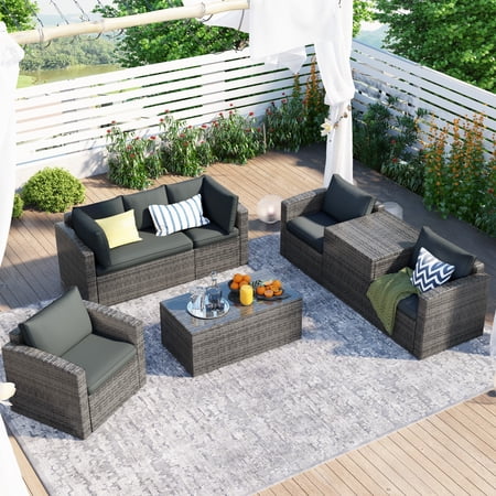 7-Piece Wicker All-Weather Patio Furniture Set with Glass Top Table  Outdoor Rattan Sectional Sofa Conversation Set with Cushion & Storage Box for Garden  Pool  Backyard  Gray