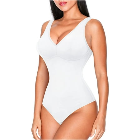 

Molutan Thong Shapewear Bodysuit with Built in Bra Women Tummy Control Full Body Shaper V Neck Girdle Fajas Colombianas(White XL)