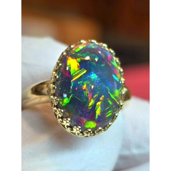 925 Sterling Silver Opal Ring, Genuine Black Fire Opal, Gemstone Wedding Band, Dark Gemstone Ring, Unisex Ring, Opal Jewelry, Gifts for Him