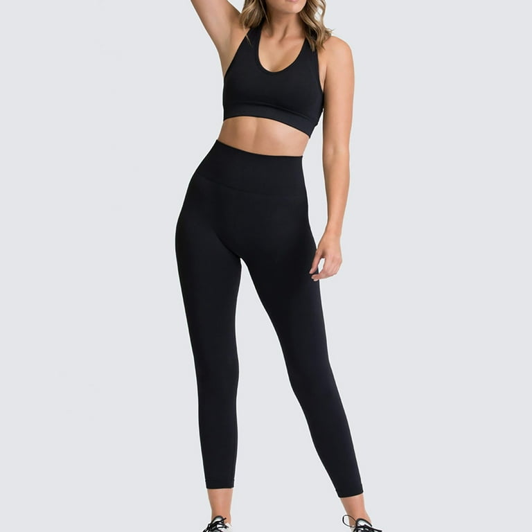 RQYYD Seamless Workout Set for Women Ribbed Raceback Sports Crop Tops High  Waist Yoga Leggings Outfits 2 Piece Solid Color Yoga Set Black L 