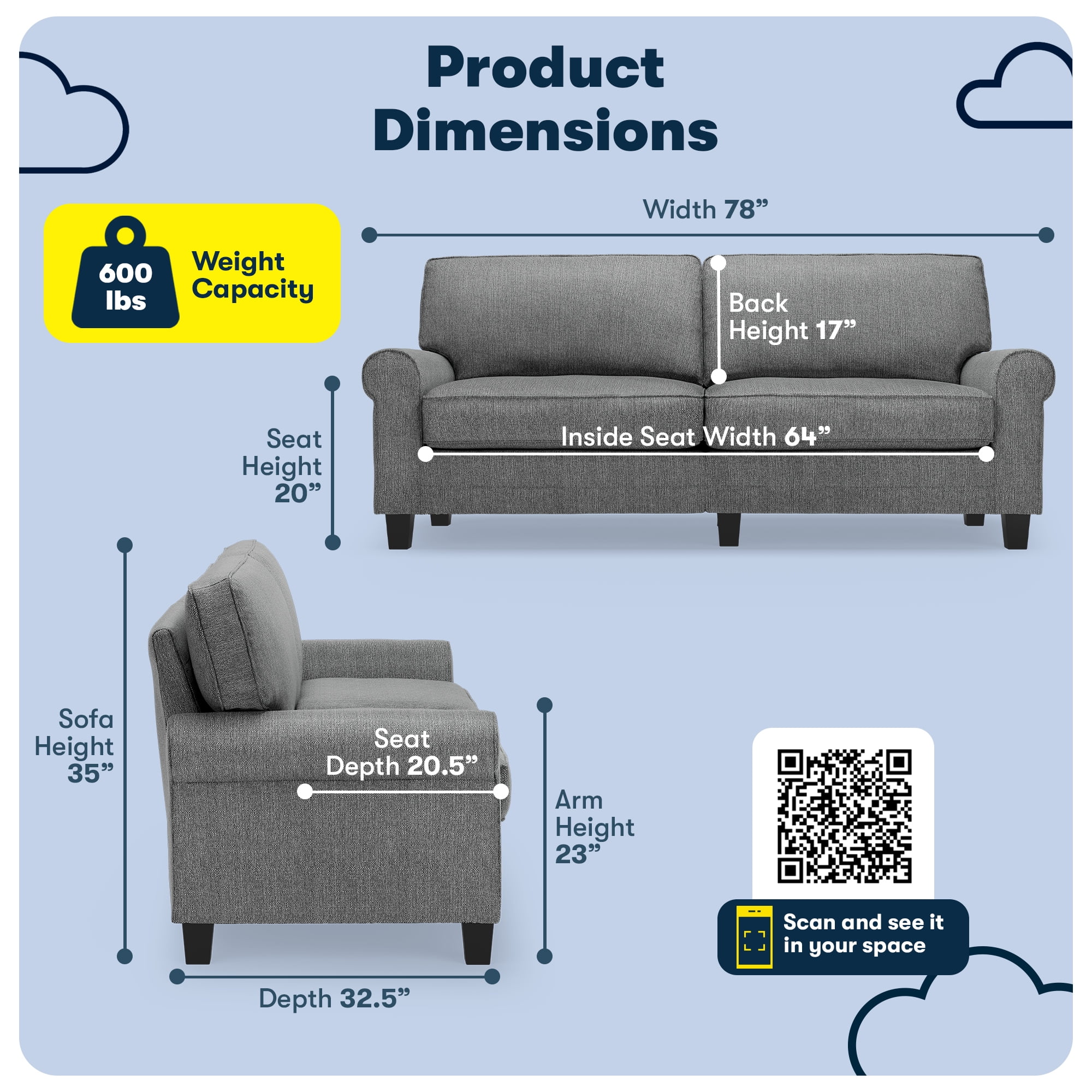 Serta Copenhagen 78" Rolled Arm Sofa, Easy Care Polyester, Loveseat or Couch for Small Spaces, Dark Gray