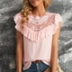 thumbnail image 2 of Mujeres volantes manga corta tops moda casual color puro cuello redondo mujeres verano ruffle manga corta encaje blusa rosa S, 2 of 6
