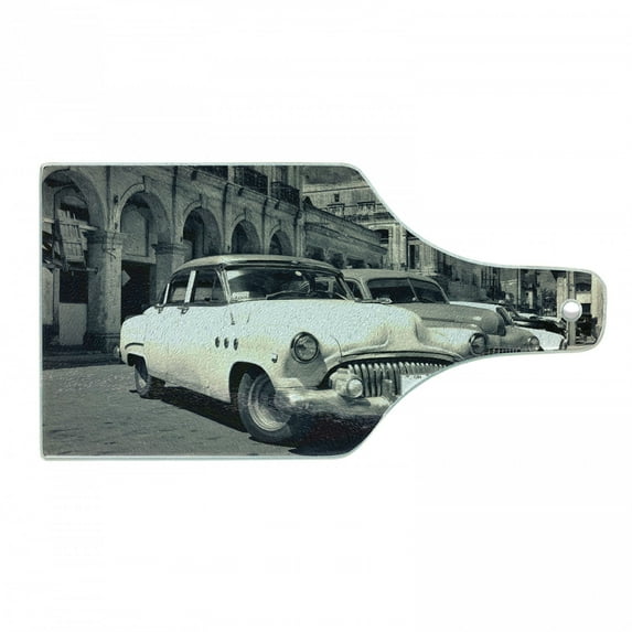 Vintage Car Cutting Board, Panoramic View of Shabby Old Havana Street Classic American Cars Weathered, Decorative Tempered Glass Cutting and Serving Board, Wine Bottle Shape, Grey Beige, by Ambesonne