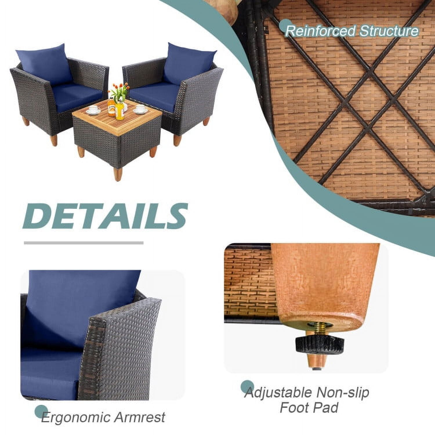 Aimee Lii 3 Pieces Patio Rattan Bistro Furniture Set with Wooden Table Top, Outdoor Patio Furniture, Navy Aimee Lii 3 Pieces Patio Rattan Bistro Furniture Set with Wooden Table Top, Outdoor Patio Furniture, Navy