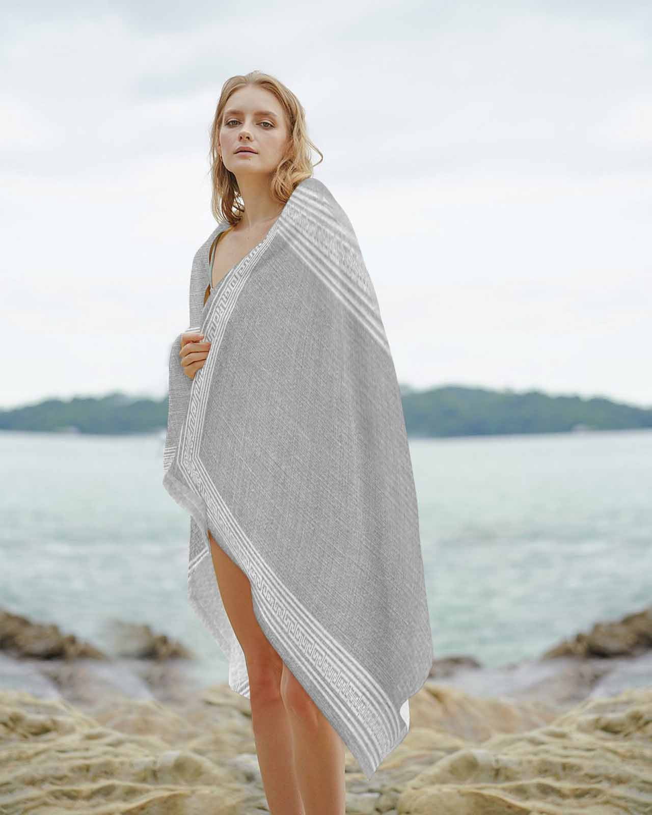 Grey Retro Greek Key Beach Towels Oversized Super Absorbent, Geometric Greece Ancient Rustic Lightweight Bath Towel Quick Dry Sets For Bathroom/Pool/Rv Camping/Beach Play/Gym Room/Picnic 31"x62"